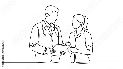 continuous line drawing of two medical professionals discussing patient care, teamwork in healthcare, modern minimalist illustration