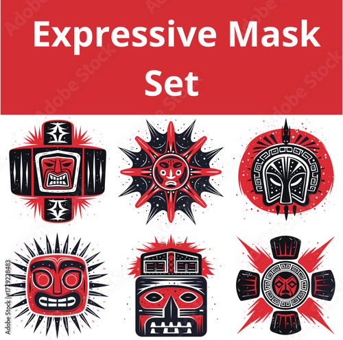 Expressive mask set with colorful designs and cultural significance  