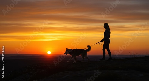 silhouette of woman walking dog at sunset on scenic hilltop with vibrant orange skies