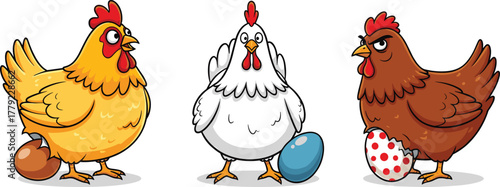 Cartoon hens with different colored eggs, vector illustration for farm animal education, chicken breeds, and egg diversity concept
