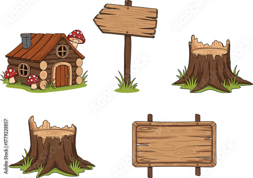 Cartoon log cabin, tree stumps, and wooden signs, vector illustration for forest storytelling, rustic signage, and woodland fantasy concept