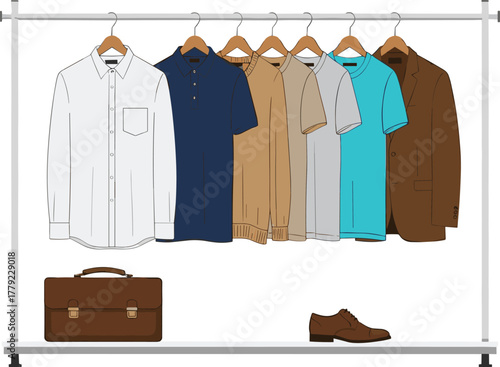 Cartoon men’s clothing rack with shirts, blazer, briefcase, and shoe, vector illustration for fashion, wardrobe, and style concept