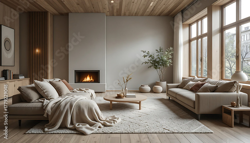 “Luxury Scandinavian living room with soft wool blankets, warm wooden accents, large window light, muted earth tones, peaceful minimalist vibe, full HD photography look.”
