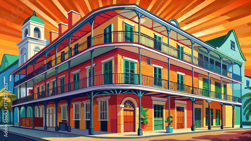 Very beautiful old building on Dumaine Street in the French Quarter, New Orleans, Louisiana, showcasing classic wrought-iron balconies, colorful walls, and warm sunlight in a realistic city scene.