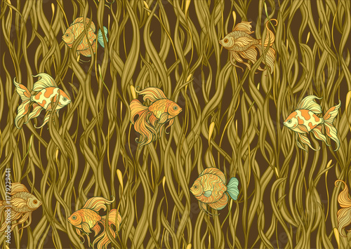 Seamless aquarium pattern with ornamental fish swimming among wavy green seaweed. Vector decorative design for textile and wallpaper, repeating tileable background tropical fish, detailed foliage