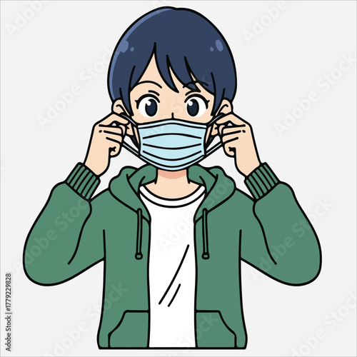 Cartoon illustration of a young boy putting on a blue surgical face mask with green hoodie and white shirt on a plain white background.