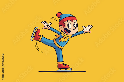 Happy cartoon boy ice skating in winter clothes.