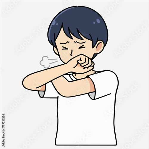 A cartoon illustration of a man covering his mouth with his elbow while coughing, wearing a white t-shirt on a plain background.