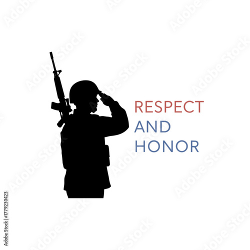 Soldier saluting with rifle silhouetted against text of respect and honor, isolate 