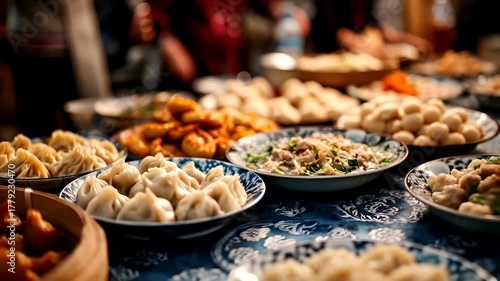 Chinese lunar new year Chunjie celebration concept. A closeup shot of a table laden with a variety of dishes, including dumplings and other food items.