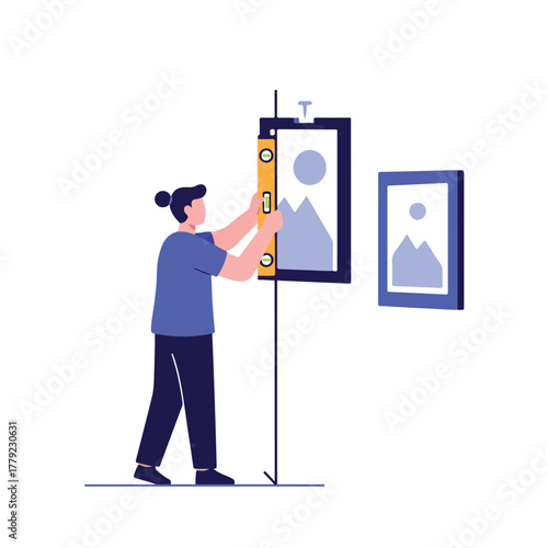 A person uses a level to hang a picture. Another picture is already hanging nearby. White background