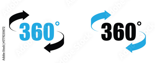 360 degree rotating arrow icon set with panorama, virtual view, and technology concept. Vector illustration with symbols, buttons, and camera elements on transparent background.