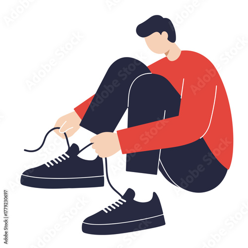 A person in red shirt and dark pants sits tying their shoelaces on black sneakers. Vector illustration