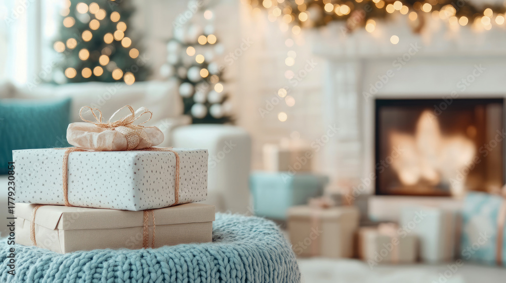 Fototapeta premium Elegantly wrapped holiday gifts stacked on knitted pouf, set against blurred background of twinkling Christmas trees, roaring fireplace, and festive lights in warm, inviting living room.