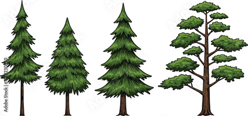 Beautiful collection of evergreen pine and deciduous trees illustration, forest nature design, eco-friendly green trees for landscape and environment concept art