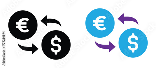 Euro exchange rate icon set. Euro for Dollar conversion symbol. Money exchange vector illustration. Forex trading sign. Finance currency transaction. Cash transfer pictogram. Euro trade concept