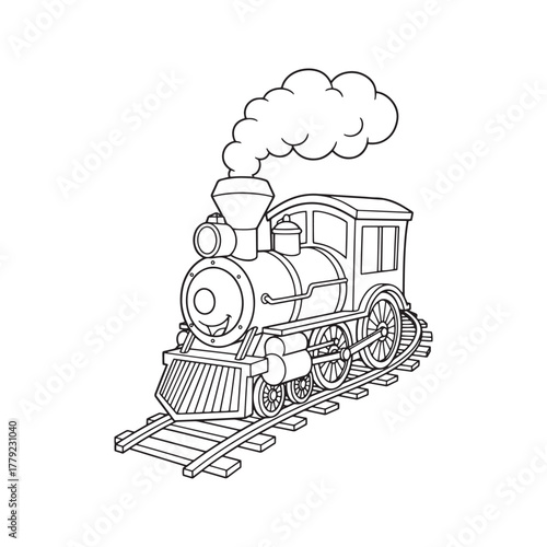 Vintage train line art illustration. Black and white cartoon locomotive on railroad tracks, sketch for coloring book. Hand-drawn steam engine vector.
