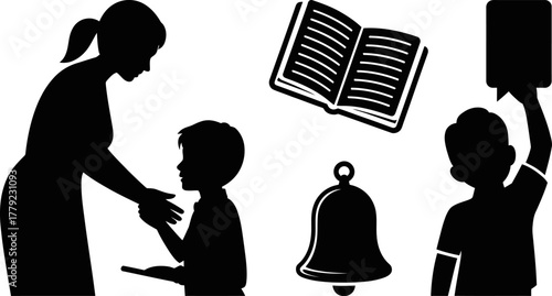 Mother teaching child with book, school bell and student raising hand, symbolizing education and learning.