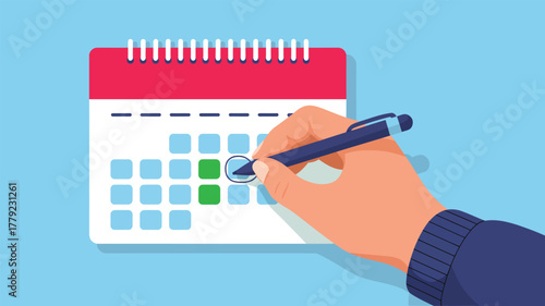 hand marking date on calendar with pen, concept of planning, scheduling, time management, event reminder, monthly agenda