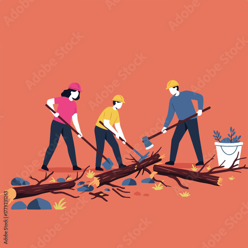 Vector illustration depicting three individuals working together to clear debris. Background is solid, orange