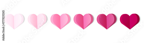 Set of 3D paper style hearts in pink gradient from light to dark used for love rating UI infographics valentine cards romantic packaging, modern graphic design. Layered 3D Hearts Vector illustration