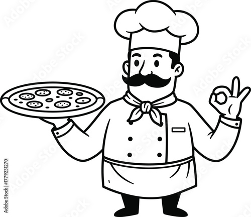 Cartoon Italian chef holding pizza and showing okay hand gesture, black and white cooking vector illustration, restaurant mascot design art