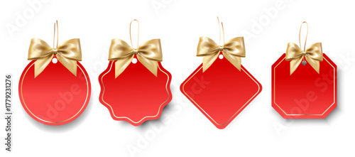 Red holiday gift tags Labels with realistic gold bows in different shapes. Holiday Labels Set used for Christmas packaging greeting cards invitations product labeling and festive marketing.Vector