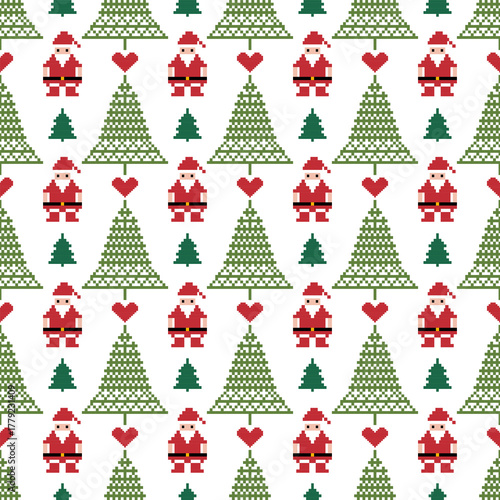 Pixel merry christmas tree santa claus stocking heart snowflake holly red green white celebrate festival december seamless pattern vector illustration