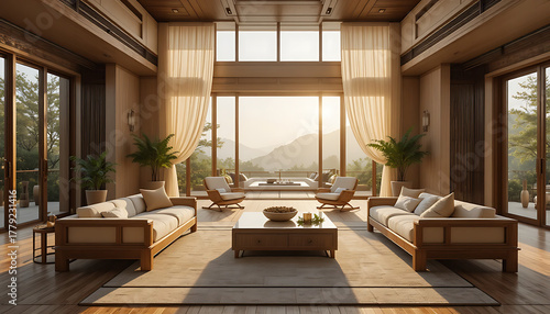 “Elegant villa interior with handcrafted wood furniture, airy curtains, soft golden morning light, calm serene vibe, luxury spa retreat atmosphere, ultra-detailed 4K render.”
