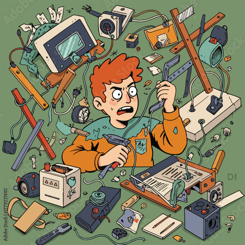 Anxious red-haired person surrounded by electrical components, tools, and wires, with a look of intense frustration