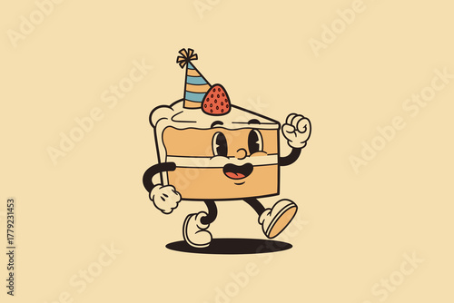 Retro Cartoon Cake Slice Character with Party Hat and Strawberry