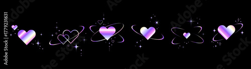 Holographic hearts set with orbit rings, stars, and sparkles in a futuristic Y2Kl style used for Valentine's Day designs, social media content, UI stickers, branding visuals. Vector illustration