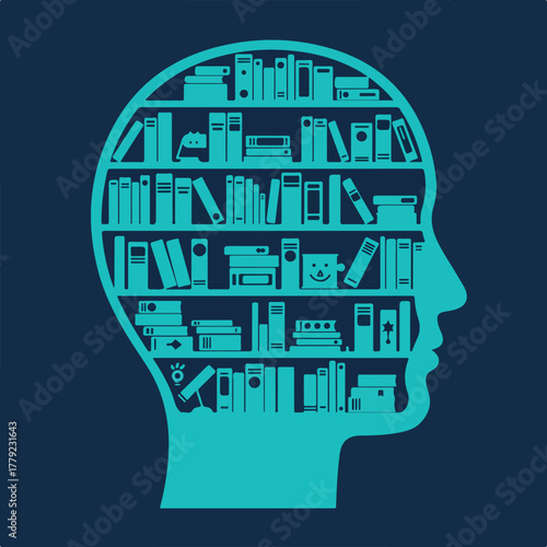 An illustration depicting a head silhouette filled with bookshelves and various book shapes, a concept of knowledge