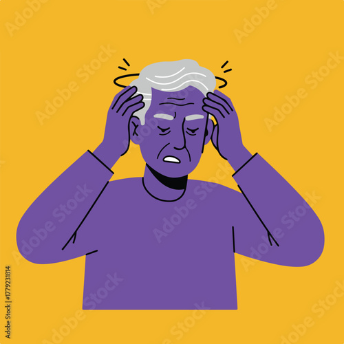 A purple figure of an elder experiencing vertigo, holding his head, radiating dizziness lines