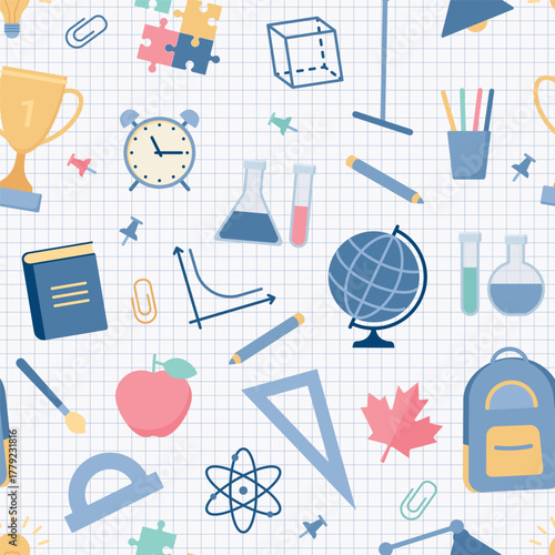 School seamless pattern. Back to school background. Checkered texture with backpack, globe, stationery, book and lamp. Education print in flat design. Vector illustration.