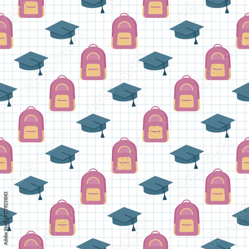 School seamless pattern. Background with backpacks and graduation hats on notebook sheet in cage. Back to school texture. Education print. Vector illustration. Geometric wrapping paper.