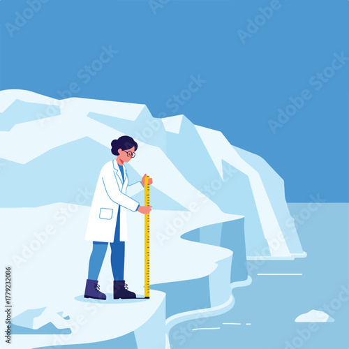 An illustration depicting a scientist using a measuring stick on an icy cliff. Ocean in background