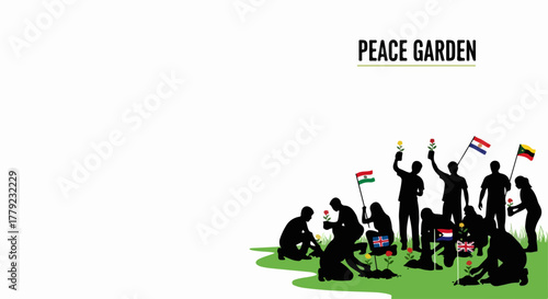 Planting peace garden with group of people holding flags, silhouette illustration shows team collaboration and intercultural understanding. Peace garden project promotes respect and tolerance.