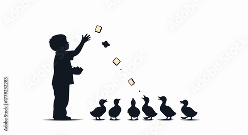 Young child feeding ducks casts bread against simple white background, capturing simple delight, also translated into English as Young child feeding ducks.