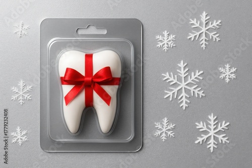 Tooth in retail blister with red ribbon symbolizing dental care gifting holiday wellness and modern packaging design