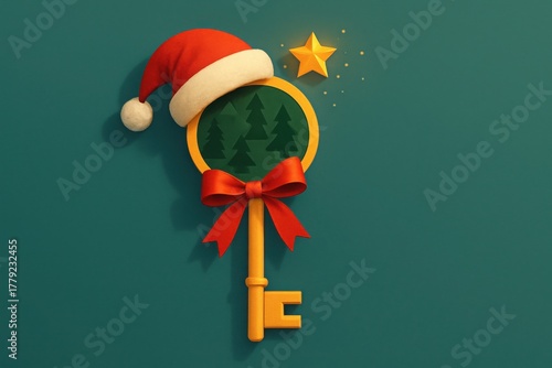 Golden key with Christmas wreath and star on dark green background symbolizing unlocking opportunities hope and festive success in business