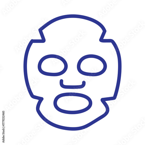 A simple dark blue line icon of a cosmetic facial sheet mask for a skincare routine.