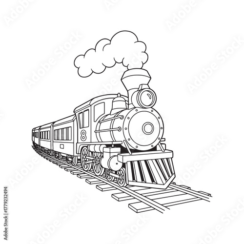 Vintage train line art illustration. Black and white cartoon locomotive on railroad tracks, sketch for coloring book. Hand-drawn steam engine vector.
