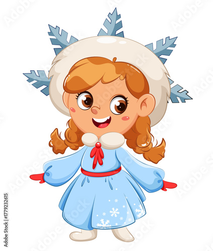 Merry Christmas. A smiling girl in a snowflake costume