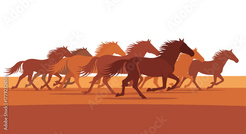 Silhouette of a herd of horses in motion, in shades of brown and orange