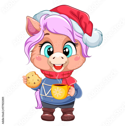 Cute cartoon horse character in a blue sweater with a mug of hot cocoa and cookies