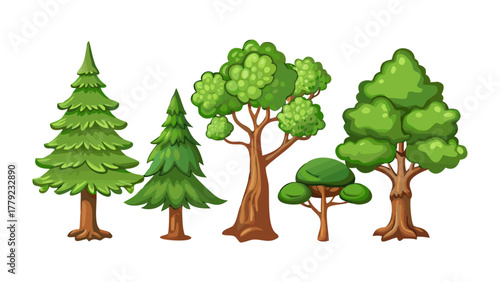 Diverse Green Trees: A collection of various lush, verdant trees showcases their unique shapes and textures, demonstrating the beauty and variety found in the natural world.