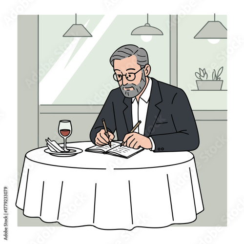 An elderly man, in suit and glasses, writes in a notebook at a restaurant table. Wine and food sit nearby