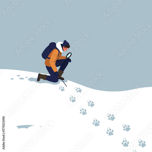 A person kneels in snow, examining paw prints with a magnifying glass. Tracks lead across the snowy landscape