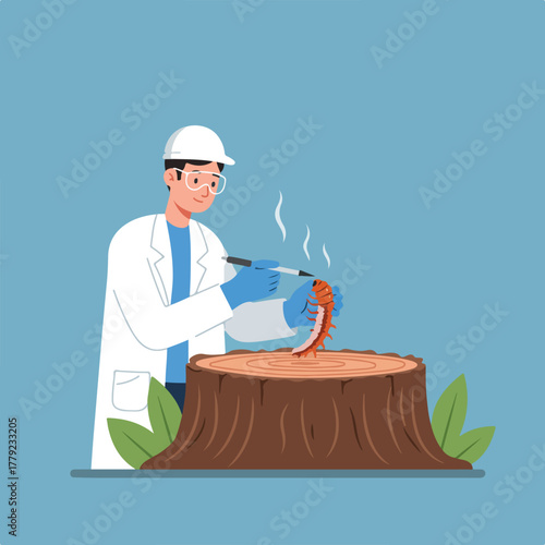 A scientist in a lab coat and safety glasses examines an insect on a tree stump, with steam